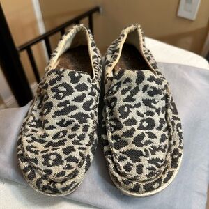 Hey Dude Leopard Print Canvas Slip-On Flats in Black and Cream
